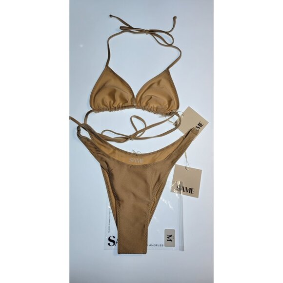 SAME Los Angeles Swim Bikini Set 2Pc Triangke Top High Weist Bottom Beige SZ M - Picture 3 of 9